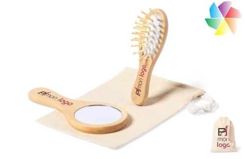 Set beauté kit brosse et miroir bois Dianex publicitaire personnalisée avec logo 