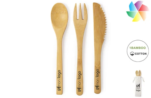 Set repas de 3 couverts en bambou Plusin publicitaire personnalisé avec logo 