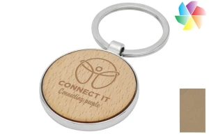 Porte-clés rond en bois et métal Moreno publicitaire personnalisé avec logo 