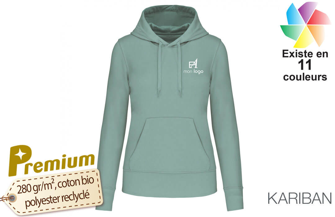 Sweat-shirt à capuche femme personnalisé en coton biologique recyclé