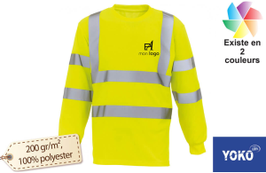 T‑shirt de chantier manches longues haute visibilité Yoko jaune ou orange fluo personnalisé avec logo 