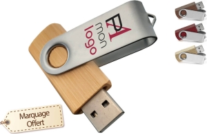 Clé USB bois et clip alu twist pivotant publicitaire personnalisée avec logo 